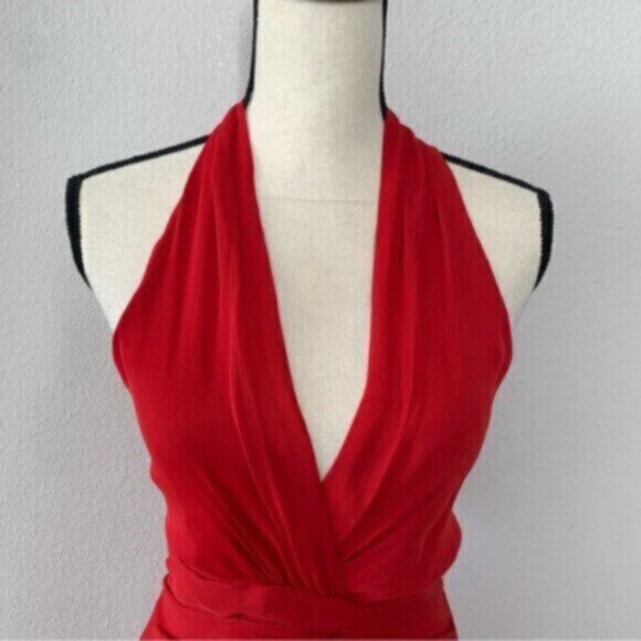 Vintage Red Halter Plunged Neckline Gown with Elegant Ruffle Detail - Picture 7 of 12